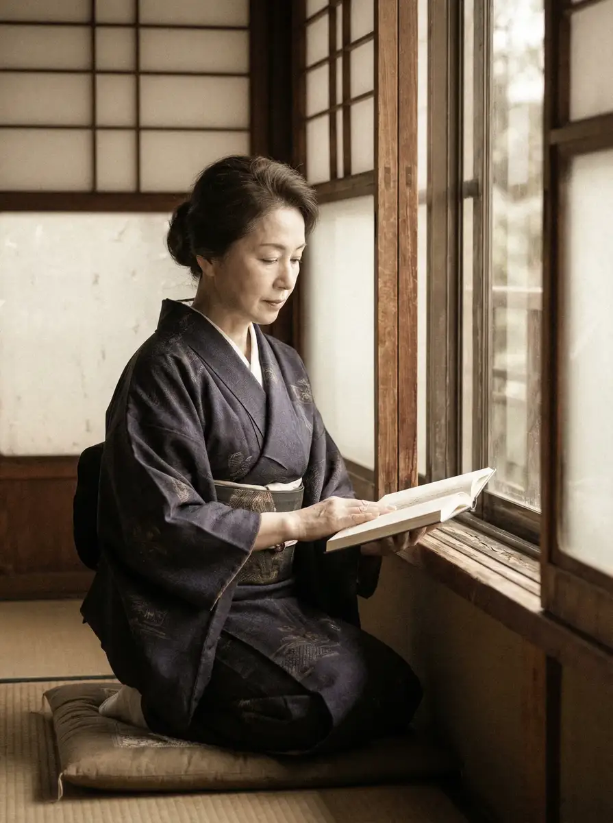 一位优雅的五十岁 火影忍者本子 身穿深蓝色和服，在窗边静读