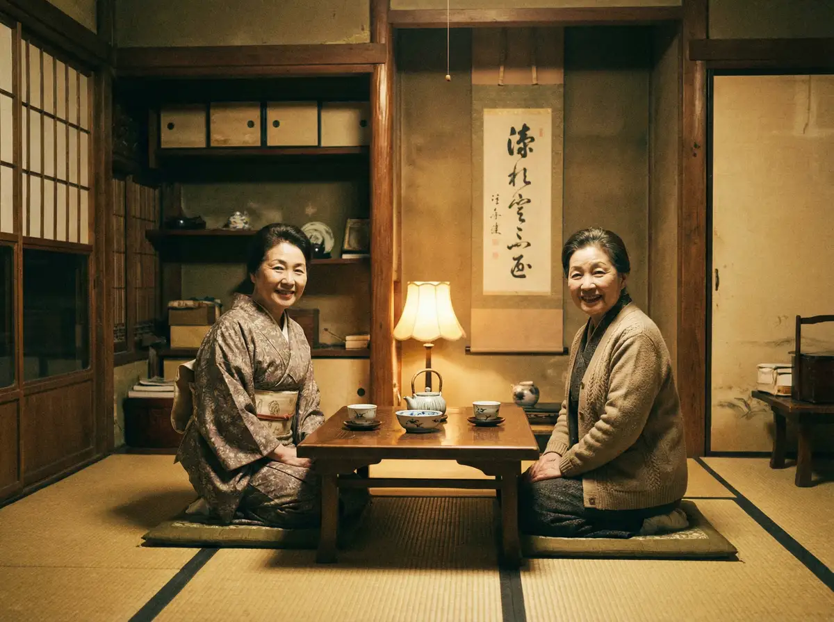 两位优雅的 火影忍者本子 在日式茶室中品茶交谈